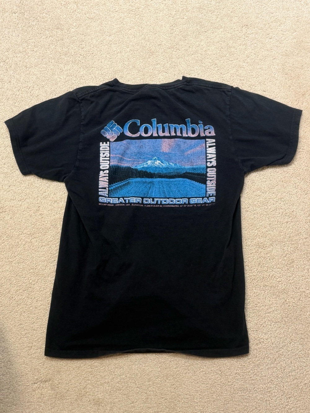 Columbia Black Tee with Blue Scenic Retrowave Back Graphic